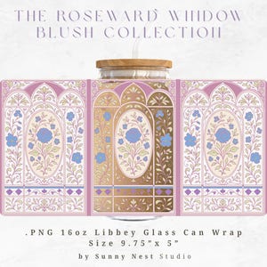 May include: A decorative glass can wrap from the "Roseward Window Blush Collection" with a floral design in pink, gold, and blue. The wrap is designed for a 16 oz Libbey glass can and measures 9.75" x 5".