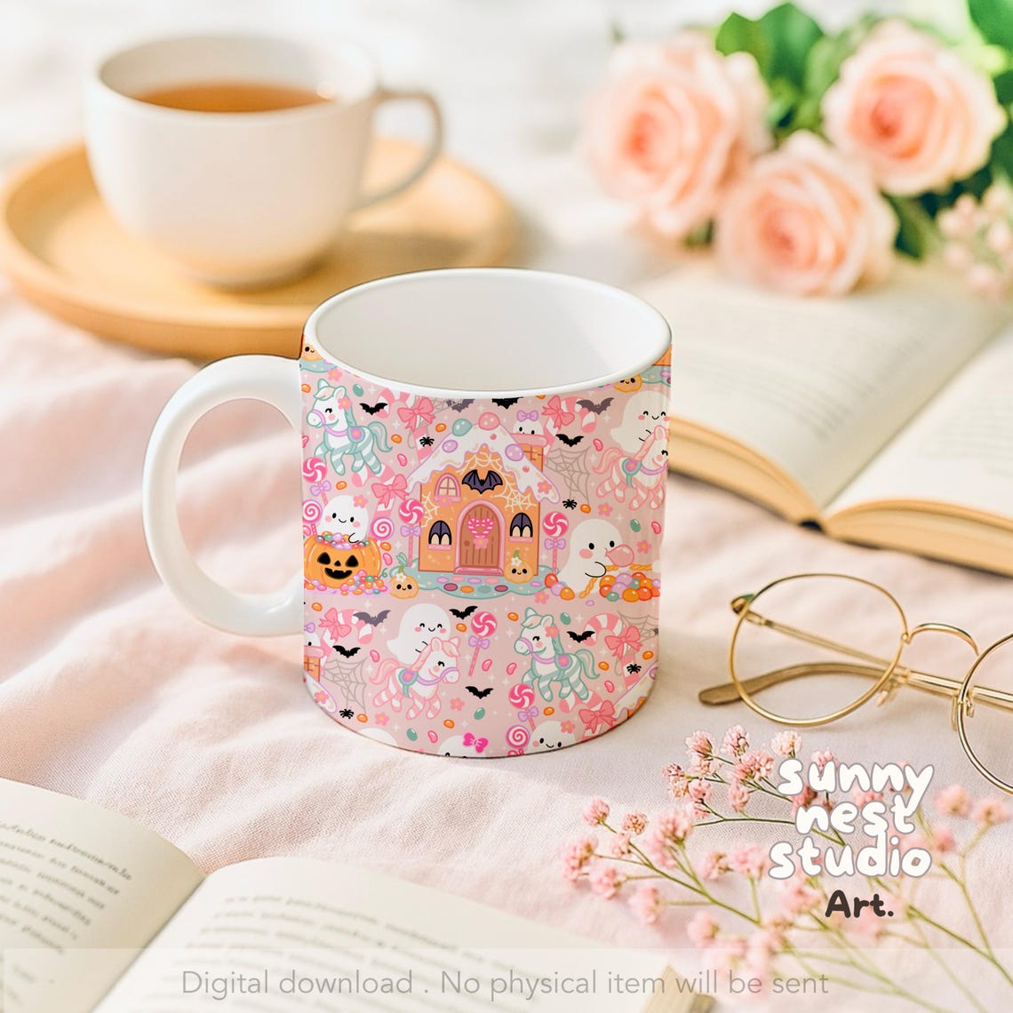 Kawaii Halloween Seamless Pattern: Pastel Ghosts, Candy, Pumpkins (PNG ...