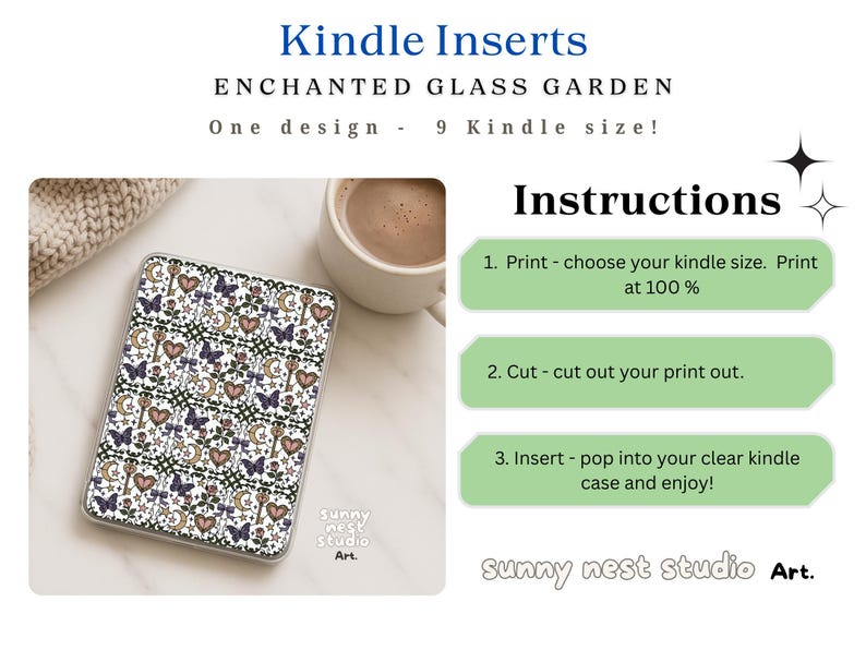 Puede incluir: Un inserto para Kindle con un dise&ntilde;o de "Enchanted Glass Garden", con mariposas, corazones, llaves y lunas. El inserto se muestra junto a una taza de caf&eacute; e instrucciones. El texto dice "Kindle Inserts".