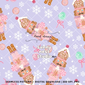 May include: Seamless pattern featuring hand-drawn illustrations of gingerbread nutcrackers, lollipops, donuts, and snowflakes on a light purple background. The text "Hand-drawn" and "sunny nest studio Art" are also visible.