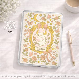 May include: A clear tablet case featuring a Taurus zodiac design. The design includes a gold-framed illustration of a bull, surrounded by pink bows, roses, butterflies, and the text "Taurus". The case has the text "sunny nest studio Art."