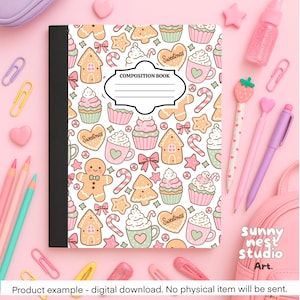 Peut inclure: Cahier de composition avec un motif festif de bonhommes en pain d'épices, de cupcakes et de cannes en bonbon aux couleurs pastel. La couverture porte le texte "COMPOSITION BOOK" dans une étiquette blanche. Le design comprend des cœurs et des étoiles.