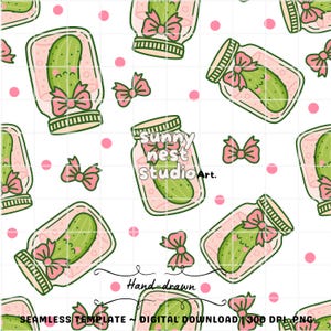 May include: A seamless pattern featuring cartoon pickles in jars with pink bows and smiling faces. The jars are set against a white background with pink polka dots. The text "Sunny Nest Studio Art" and "Hand-drawn" are also visible.