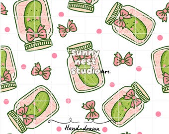 Kawaii Pickle Seamless Pattern | Cute Pickle in Jar Digital Paper | Whimsical Food Print PNG | 300Dpi | Seamless Repeat Pattern