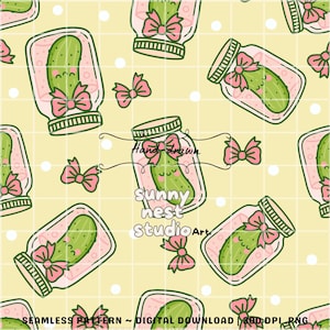 May include: A seamless pattern featuring cartoon jars of pickles with pink bows on a yellow grid background. The pickles have smiling faces. The text "Hand-drawn", "sunny nest studio Art", and "SEAMLESS PATTERN ~ DIGITAL DOWNLOAD" are also visible.