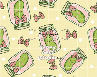 Kawaii Pickle Seamless Pattern | Cute Pickle in Jar Digital Paper | Whimsical Food Print PNG | 300Dpi | Seamless Repeat Pattern