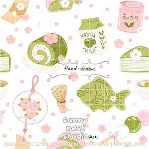 Könnte beinhalten: Ein nahtloses Muster mit handgezeichneten Illustrationen japanischer Süßigkeiten und Matcha-Artikeln. Das Design umfasst Matcha-Rouladen, fischförmiges Gebäck, Matcha-Milchkartons und rosa Kirschblüten auf weißem Hintergrund.