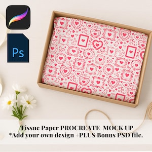 May include: A brown cardboard box contains tissue paper with a repeating pattern of pink hearts and frames on a white background. The image includes Procreate and Photoshop icons, along with the text "Tissue Paper PROCREATE MOCK UP *Add your own design +PLUS Bonus PSD file."