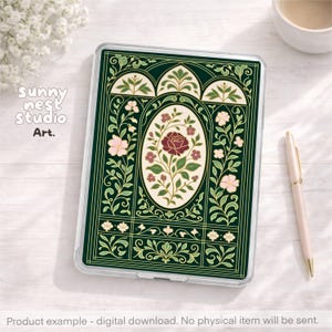 May include: A clear tablet case featuring a dark green floral design with a central oval containing a burgundy rose. The design includes pink flowers and gold accents. The text "sunny nest studio Art." is visible. The product is a digital download.