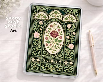 Inserto para Kindle con motivos botánicos clásicos de reliquia / Diseño floral vintage esmeralda / Estética romántica de drama de época / Decoración elegante para Kindle (6 tamaños)