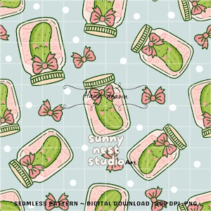 May include: Seamless pattern featuring cartoon pickles in jars with pink bows on a light blue background. The text "Hand-drawn" and "sunny nest studio Art." are also visible. The words "SEAMLESS PATTERN ~ DIGITAL DOWNLOAD 300 DPI PNG" are at the bottom.