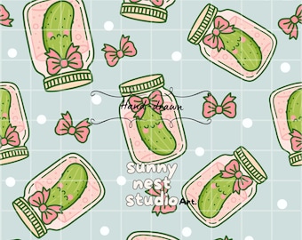 Kawaii Pickle Seamless Pattern | Cute Pickle in Jar Digital Paper | Whimsical Food Print PNG | 300Dpi | Seamless Repeat Pattern