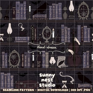 Puede incluir: Patrón sin costuras que presenta una estantería con libros, velas y un violonchelo. El diseño incluye el texto "Hand-drawn" y "sunny nest studio". La paleta de colores es oscura con acentos de morado, gris y blanco.