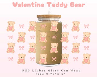 Embalagem de lata de vidro com ursinho de pelúcia para dia dos namorados PNG | urso fofo com coração | Embalagem digital de urso fofo para lata de vidro de 16 oz | Dia dos Namorados em tons pastel PNG UVDTF
