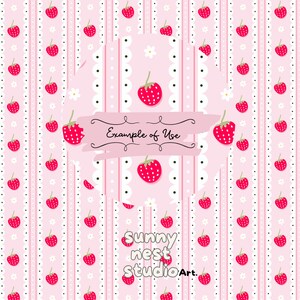 May include: A pink and white patterned design featuring red strawberries, white flowers, and dotted stripes. The text "Example of Use" is displayed in a pink banner. The Sunny Nest Studio Art logo is at the bottom.