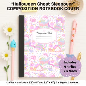 May include: A composition notebook with a colorful Halloween-themed design featuring ghosts, tents, and pumpkins. The cover includes the text "Halloween Ghost Sleepover" and "Composition Book". The notebook is approximately 6.9" x 10" and 8.5" x 11".
