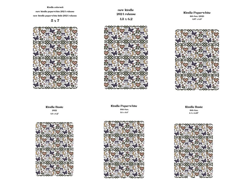 Puede incluir: Fundas Kindle rectangulares con un patr&oacute;n repetido de mariposas, corazones, llaves y lazos en tonos marr&oacute;n, morado y crema. Se indican diferentes tama&ntilde;os, con texto que indica la compatibilidad con diferentes modelos Kindle. Medidas en cm.