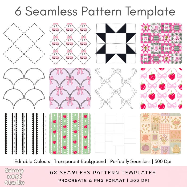 Six seamless pattern templates for Procreate and PNG, featuring editable geometric, quatrefoil, scallop, bow, stripe and patchwork-inspired repeating layouts on a clean white background.