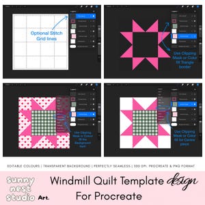 May include: A digital Windmill Quilt Template design for Procreate featuring four panels showing layer editing steps, including stitch grid lines, pink star shapes, and green checkered patterns with text instructions and layer menus.