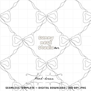 May include: Black and white seamless digital download template featuring a hand-drawn bow pattern. The bows are connected by wavy lines, creating a grid-like design. The text "sunny nest studio Art" and "Hand-drawn" are included.
