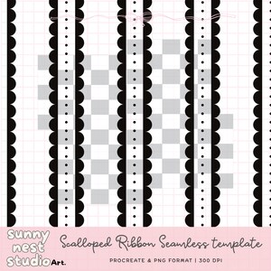 May include: A seamless template featuring vertical black scalloped ribbon stripes on a white background with a pink grid. The design includes the text "Scalloped Ribbon Seamless template" and "Sunny Nest Studio Art."