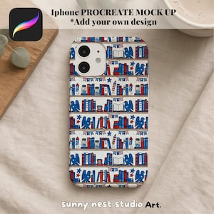 Op de afbeelding: Een witte iPhone-hoes met een herhaald patroon van rode, witte en blauwe boeken, sterren en adelaars. De hoes heeft de tekst "Iphone PROCREATE MOCK UP *Add your own design" en "sunny nest studio Art."