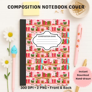 May include: A composition notebook with a pink cover featuring a repeating pattern of elves, books, and holiday decorations. The notebook has a black spine and the words "COMPOSITION BOOK" on the front. The text "300 DPI • 2 PNG • Front & Back" is also visible.