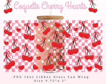 Valentine Coquette Cherry Hearts Glass Can Wrap | Libbey 16oz PNG Wrap | Cup Wrap for UV DTF printing, Transparent Cup Wrap Pink Gingham