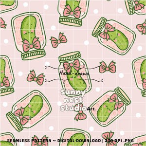 May include: Seamless pattern featuring cartoon pickles in jars with pink bows, set against a pink grid background. The design includes the text "Hand-drawn" and "Sunny nest studio Art."