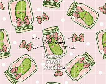 Kawaii Pickle Seamless Pattern | Cute Pickle in Jar Digital Paper | Whimsical Food Print PNG | 300Dpi | Seamless Repeat Pattern