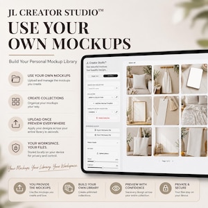May include: A digital interface for JL Creator Studio software displayed on a tablet screen. The software features a grid view of various product mockups, including pillows, aprons, and tote bags, alongside tools for organizing collections and uploading designs.