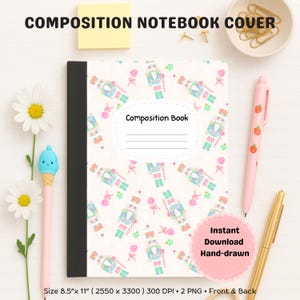Puede incluir: Cuaderno de composición con una cubierta que presenta un patrón repetido de figuras de cascanueces, caramelos y lazos en colores pastel. El cuaderno tiene un lomo negro y una etiqueta blanca que dice "Composition Book". Mide 21,6 cm x 27,9 cm.