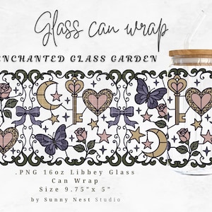 Involucro per lattine in vetro colorato con farfalla gotica / Involucro PNG Libbey da 16 once / Involucro per tazze con design a luna e cuore Coquette per UV DTF, Dark Academia