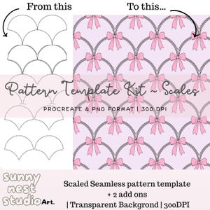 Puede incluir: Un kit de plantilla de patrón digital con un diseño de contorno en forma de escamas a la izquierda y un patrón continuo de lazos rosas sobre un fondo morado claro a la derecha. El texto incluye Pattern Template Kit Scales, Procreate & PNG Format, 300 DPI, Scaled Seamless pattern template + 2 add ons, Transparent Background y sunny nest studio Art.