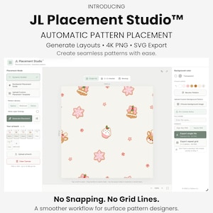 Könnte beinhalten: Die Benutzeroberfläche der JL Placement Studio Software zeigt ein Werkzeug zur automatischen Musterplatzierung. Der Bildschirm zeigt eine helle Leinwand mit einem wiederkehrenden Muster aus rosa Schneeflocken, Glocken, Cupcakes und Rentier-Symbolen.