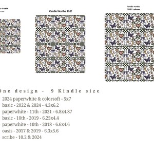 Puede incluir: Imagen de un dise&ntilde;o de patr&oacute;n repetido con mariposas, llaves, corazones y lunas crecientes en tonos morados, beige y marr&oacute;n. El dise&ntilde;o se muestra en tres tama&ntilde;os diferentes de Kindle, con una lista de modelos y tama&ntilde;os compatibles.