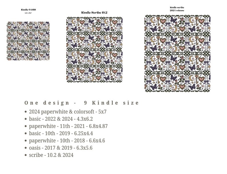Puede incluir: Imagen de un dise&ntilde;o de patr&oacute;n repetido con mariposas, llaves, corazones y lunas crecientes en tonos morados, beige y marr&oacute;n. El dise&ntilde;o se muestra en tres tama&ntilde;os diferentes de Kindle, con una lista de modelos y tama&ntilde;os compatibles.