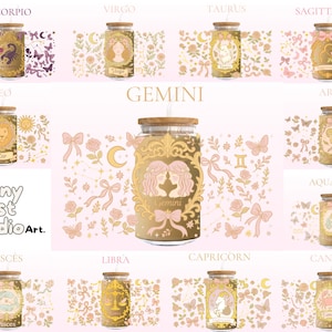 May include: A collection of glass jars with wooden lids, each adorned with zodiac sign illustrations and floral designs. The jars are labeled with zodiac names like "Scorpio," "Virgo," and "Gemini." The background is a soft pink with decorative elements.