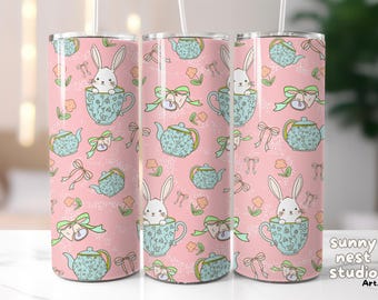 Bunny Tea Party Tumbler Wrap: Kawaii Rabbit Sublimation Design (20oz Skinny PNG Digital Download )