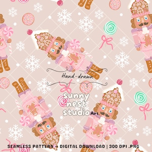 May include: A seamless pattern featuring hand-drawn illustrations of pink nutcrackers, gingerbread men, candies, and snowflakes. The design includes the text "Hand-drawn" and "Sunny Chest Studio Art."