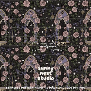 Dark Academia sömlöst mönster PNG | Gotisk rosfärgat glasupprepning | Förtrollade nycklar och nattfjärilar | Vintage romantisk tapet digitalt papper