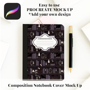 Pode incluir: Uma maquete de capa de caderno de composição com lombada preta e capa estampada com design de estante. Uma caneta preta com detalhes dourados está ao lado do caderno. O texto "Easy to use PROCREATE MOCK UP *Add your own design" é visível.
