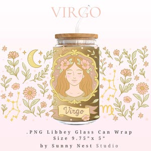 May include: A glass can wrap with a Virgo theme. The design includes a woman's portrait with flowers, the word "Virgo", and floral and constellation illustrations. The can wrap measures 24.77 cm x 12.7 cm.