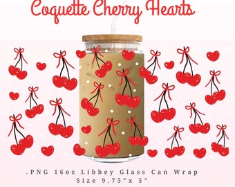 Coquette Cherry Hearts Glass Can Wrap | Libbey 16oz PNG Wrap | Cup Wrap for UV DTF printing, Transparent 16oz Wrap Girly Retro Valentine