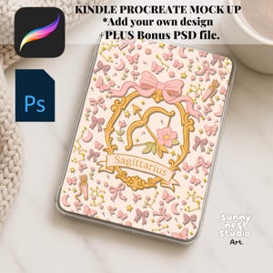 May include: A Kindle Procreate mock-up featuring a Sagittarius design. The design includes pink bows, butterflies, and floral elements. The text "Sagittarius" is displayed on a banner. The image also includes a Procreate app icon and a Photoshop file icon.
