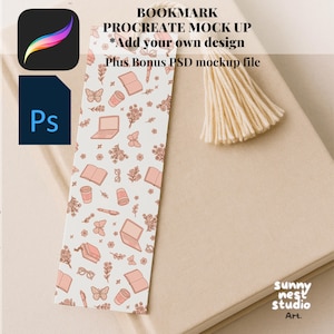 May include: A bookmark mockup with a cream-colored background. The bookmark has a pattern of pink books, butterflies, and coffee cups. The text on the bookmark reads "BOOKMARK PROCREATE MOCK UP *Add your own design Plus Bonus PSD mockup file."