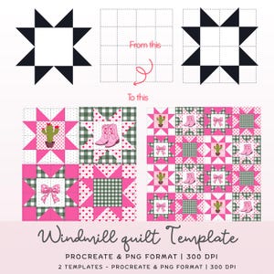 May include: A Windmill quilt template in Procreate and PNG format with 300 DPI. The graphic shows a star block transformation process, followed by a grid of quilt blocks featuring pink bows, green cacti, and pink cowboy boots on checkered patterns.