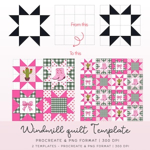 May include: A digital Windmill quilt template in Procreate and PNG format at 300 DPI. The graphic shows a black star outline, a grid, and finished quilt blocks featuring pink stars, green gingham, cacti, pink cowboy boots, and bows.