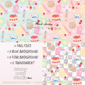 May include: A digital download seamless pattern with a hand-drawn design featuring baking-themed elements. The pattern includes cakes, rolling pins, oven mitts, and teacups on blue, pink, and transparent backgrounds. The text includes "3 PNG FILES", "sunny nest studioArt."