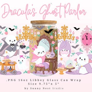 May include: A decorative glass can wrap with a whimsical "Dracula's Ghost Parlor" design. The design features cartoon ghosts, bats, a vanity, and a clock. The can wrap measures 24.77 cm x 12.7 cm.